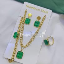 Carline Wholesale Women 18k Gold Plated Stainless Steel Emerald Zircon Layered Necklace Bracelet Long Earrings Jewelry Set